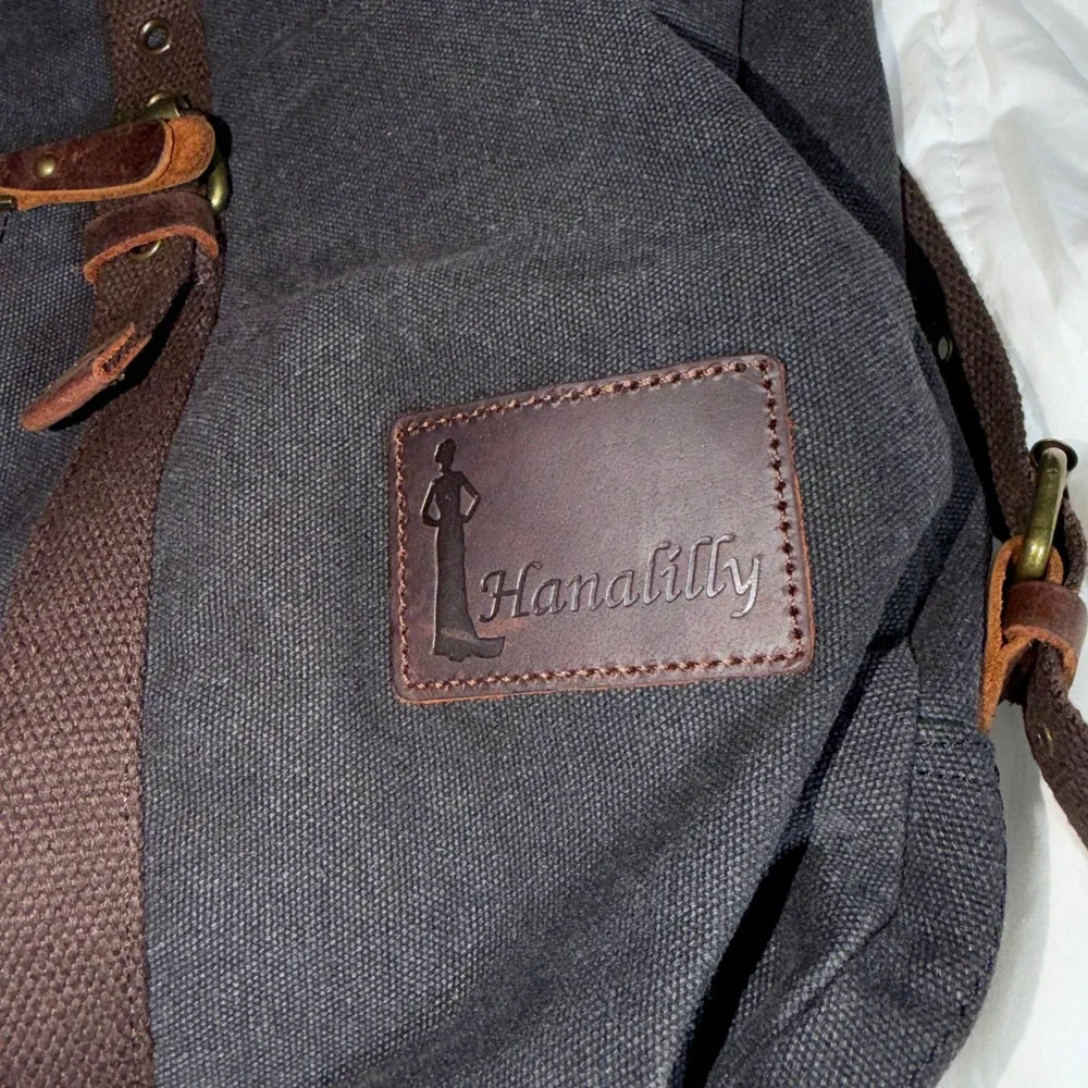 Hanalilly Canvas Leather Convertible Backpack Tote Bag Gray Brown Vintage Style